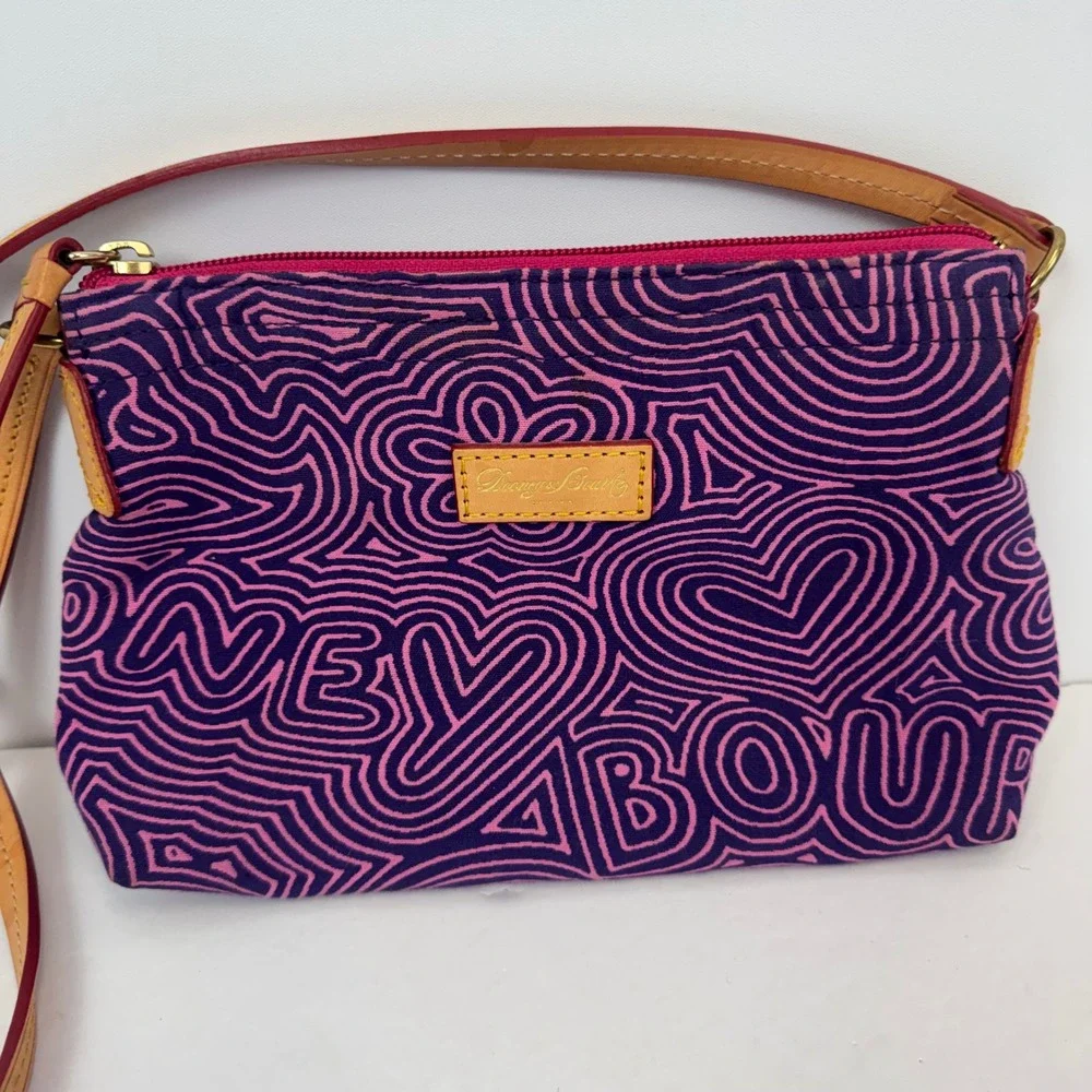 Dooney & Bourke Purple Pink Heart Doodle Canvas Crossbody Bag Leather Trim